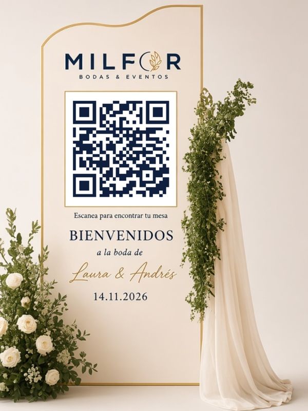 Letrero de bienvenida con código QR para encontrar la mesa