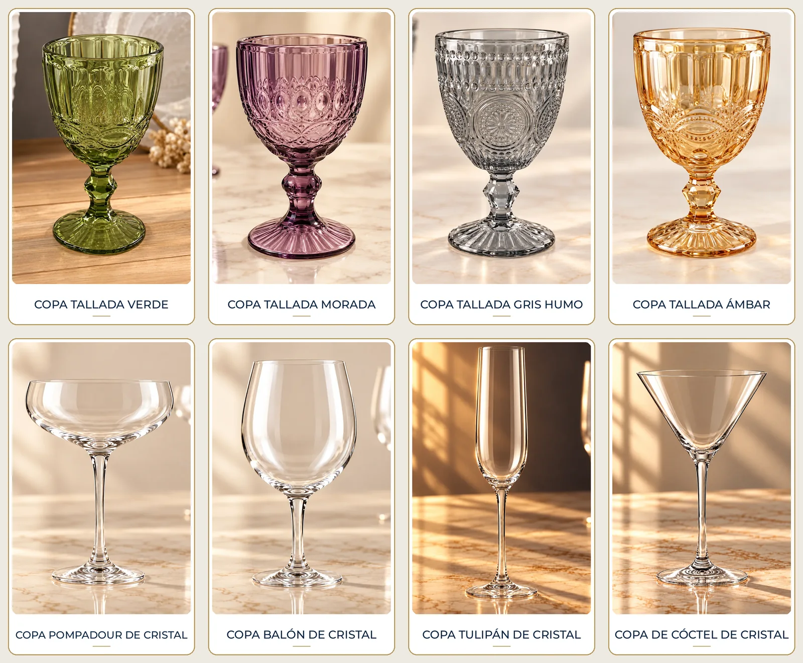 Catálogo de cristalería: Copa tallada verde, Copa tallada morada, Copa tallada gris humo, Copa tallada ámbar, Copa pompadour de cristal, Copa balón de cristal, Copa tulipán de cristal, Copa de cóctel de cristal