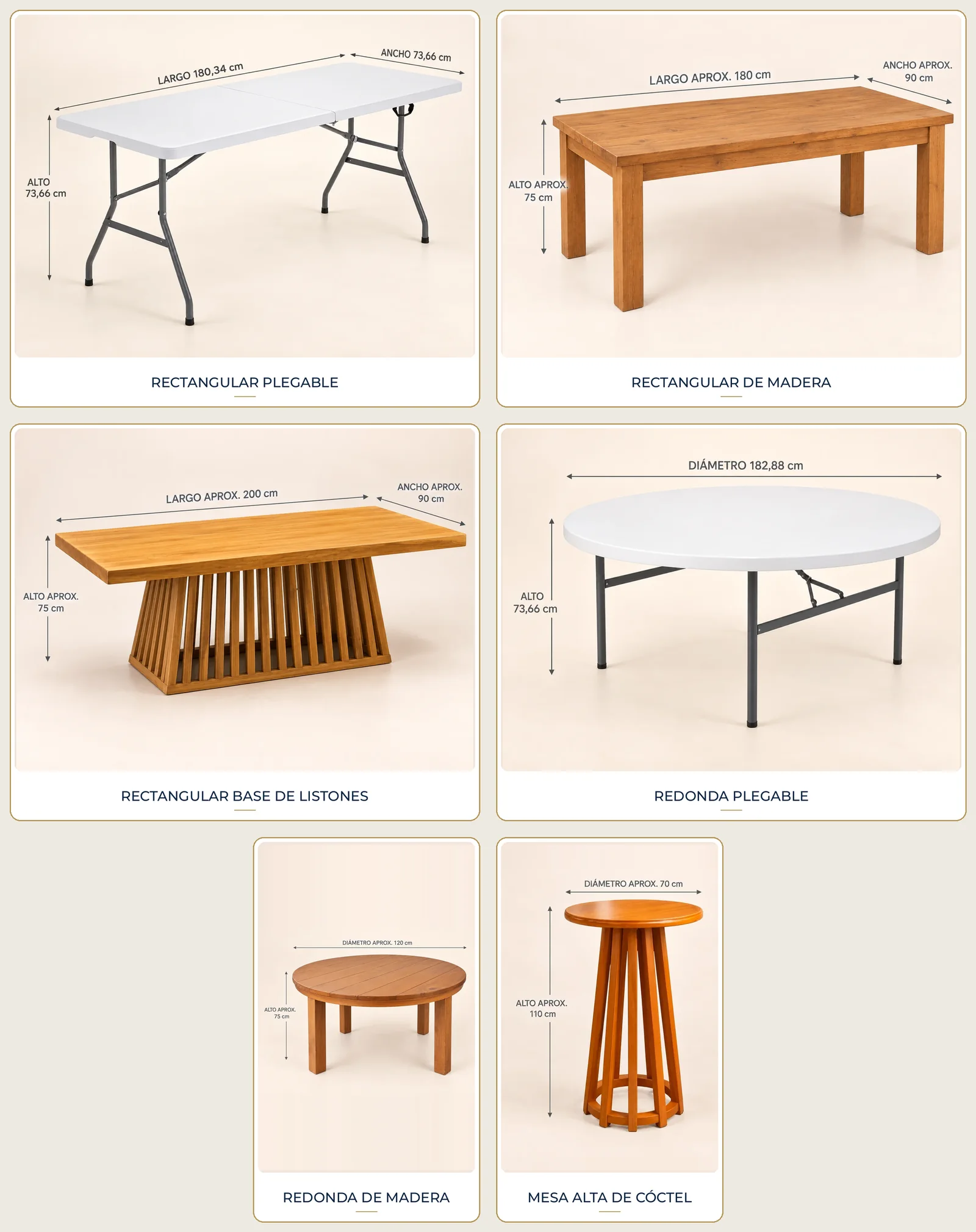 Catálogo de mesas con medidas: Rectangular plegable, Rectangular de madera, Rectangular base de listones, Redonda plegable, Redonda de madera, Mesa alta de cóctel