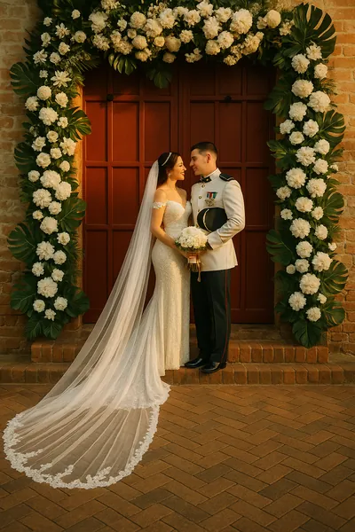 Novios bajo un marco de flores blancas en una puerta de madera