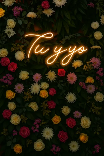 Muro de flores multicolor con letrero de neón «Tú y yo»