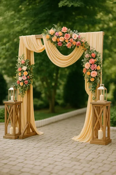 Arco con telas drapeadas, rosas y faroles en un jardín