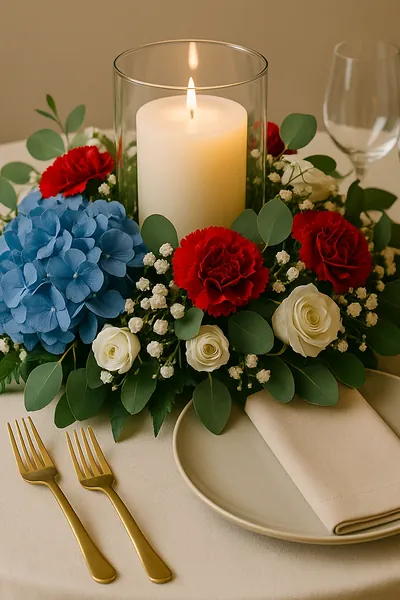 Arreglo bajo de hortensia azul, rosas rojas y blancas alrededor de una vela