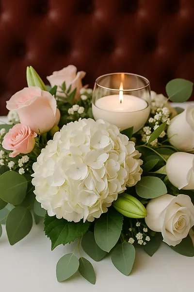 Arreglo bajo de hortensia blanca, rosas blancas y rosadas con vela