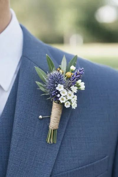 Boutonnière de cardo azul con pequeñas flores blancas atado con yute en un traje azul