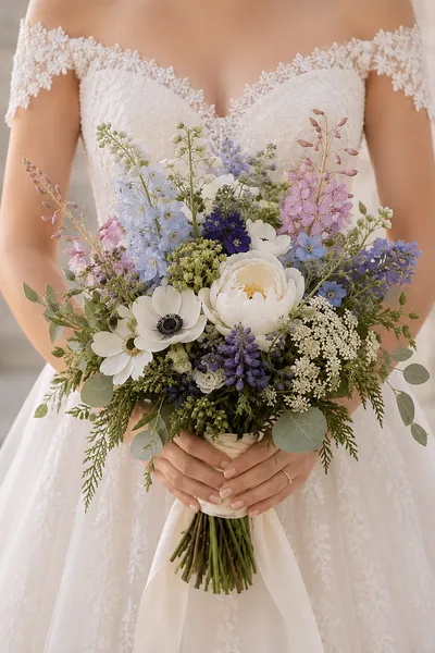 Ramo de novia de anémonas blancas, delfinios azules y flores silvestres