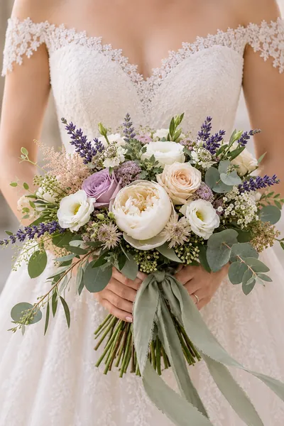 Ramo de novia de rosas inglesas, lavanda y eucalipto con cintas verde salvia