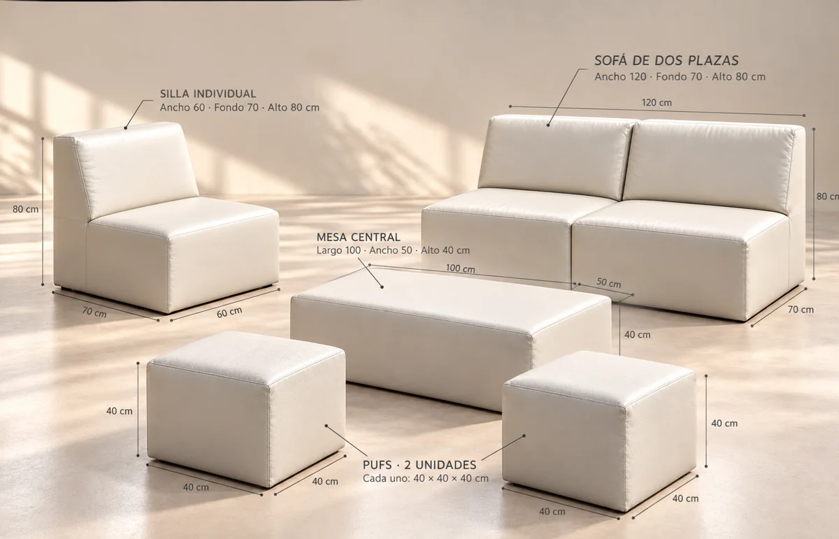 Set lounge blanco con medidas: sofá de dos plazas 120 x 70 x 80 cm, silla individual 60 x 70 x 80 cm, mesa central 100 x 50 x 40 cm y dos pufs de 40 x 40 x 40 cm